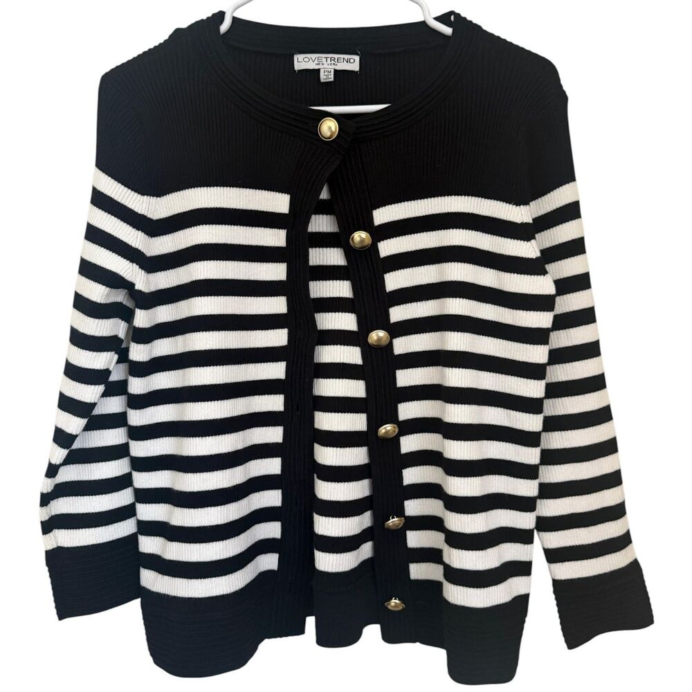 Women’s Petite Medium Black White Striped Cardigan Gold Buttons Preppy Office
